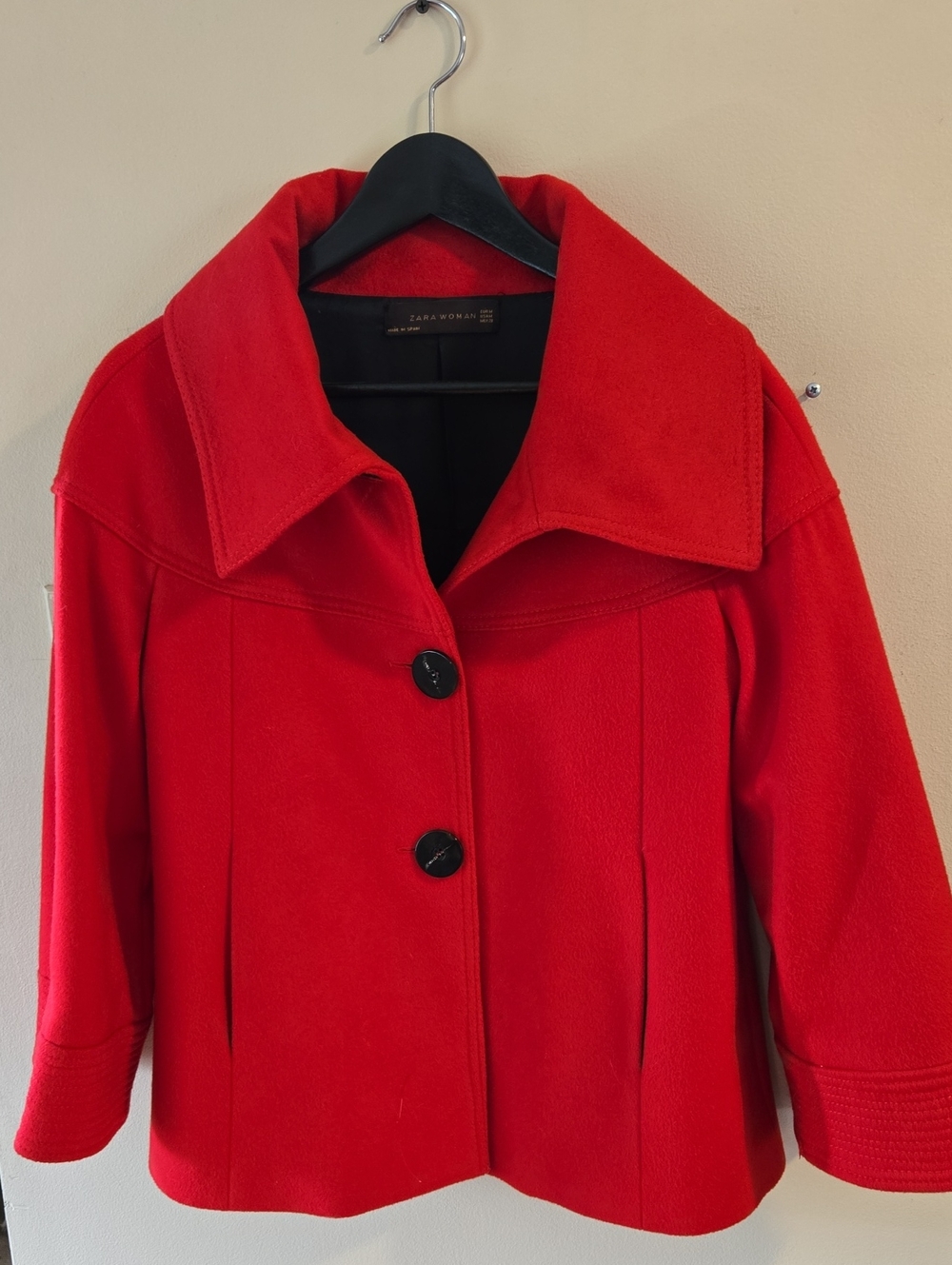 Vintage Zara Red Short 3/4 Sleeve Wool Pea Coat
